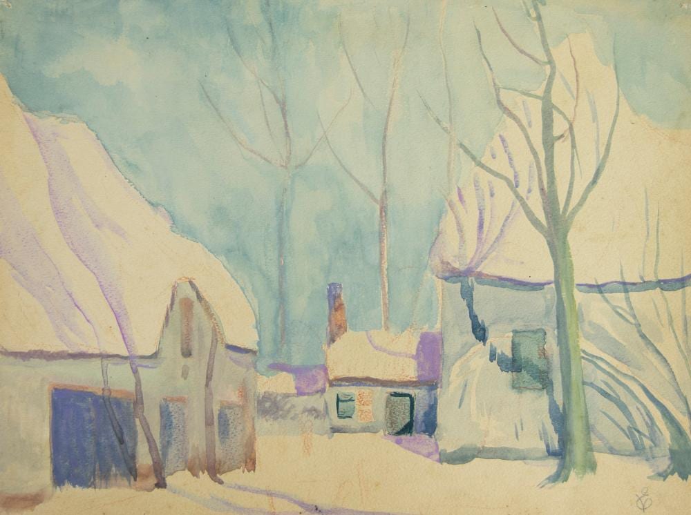 Edmond Verstraeten comparable auction result: edmond verstraeten 1870 1956 watercolor winter village view monogrammed