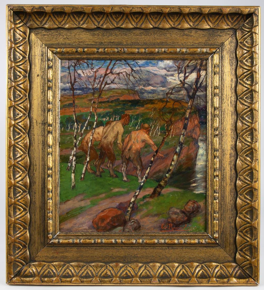 Emile Rommelaere comparable auction result: emile rommelaere 1873 1961 oil on cardboard faunes devant l infranchissable signed