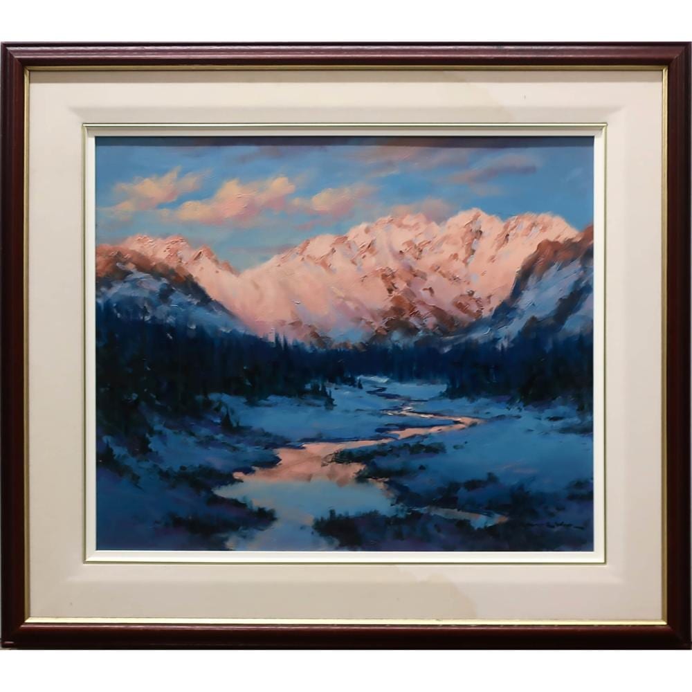 Robert E. Wood comparable auction result: robert e wood canadian b 1971 sunset peaks near lower kananaskis lake