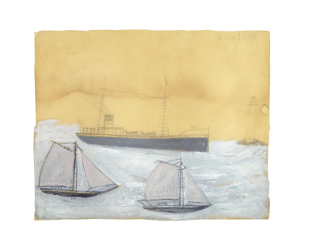 Alfred Wallis comparable auction result: alfred wallis british 1855 1942 two sailing ships and a steamer 27 x 33 8 cm 10 5 8 x 13 1 4 in