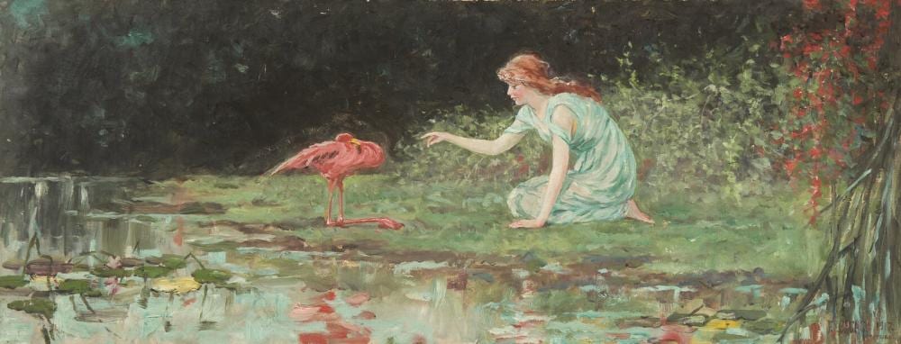 Frederick Stuart Church comparable auction result: frederick stuart church american 1842 1924 kneeling woman with pink flamingo 1917