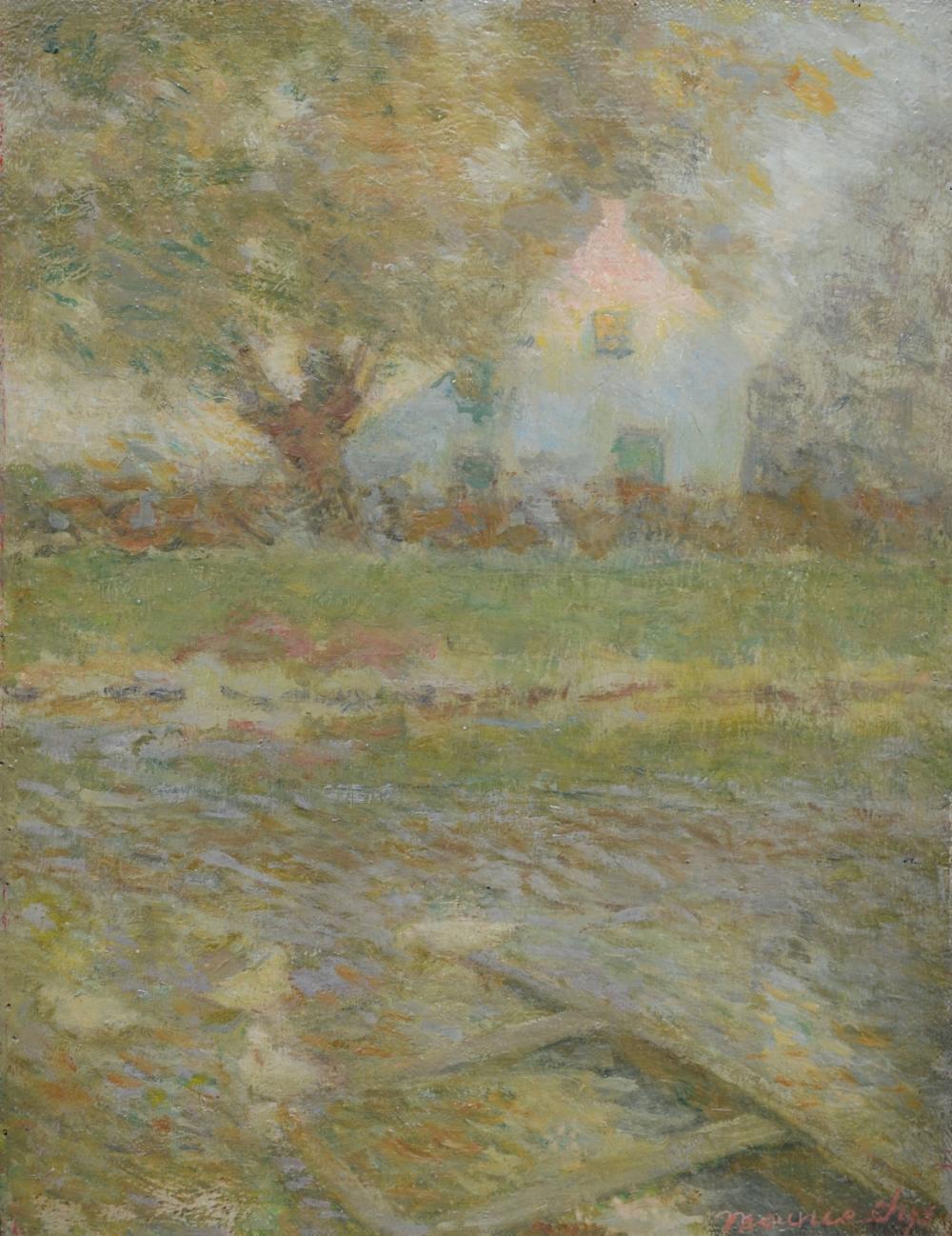 Landscape painting with a house-like structure and trees in a hazy green and gray scene, with loose brushwork