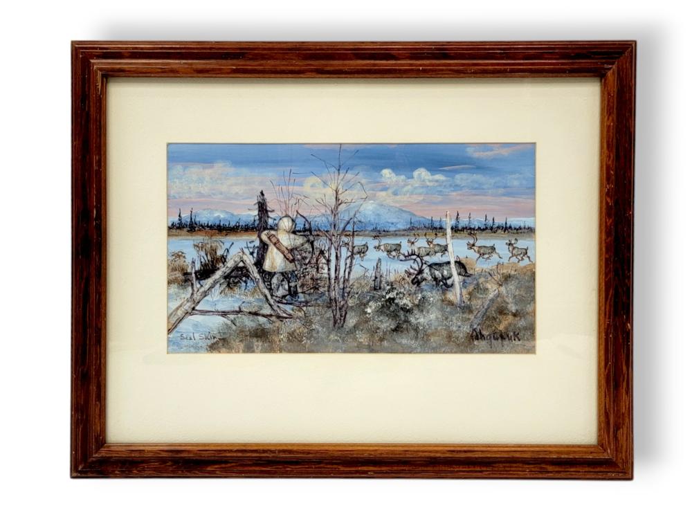 George Ahgupuk comparable auction result: george ahgupuk bow hunting the caribou original seal skin painting