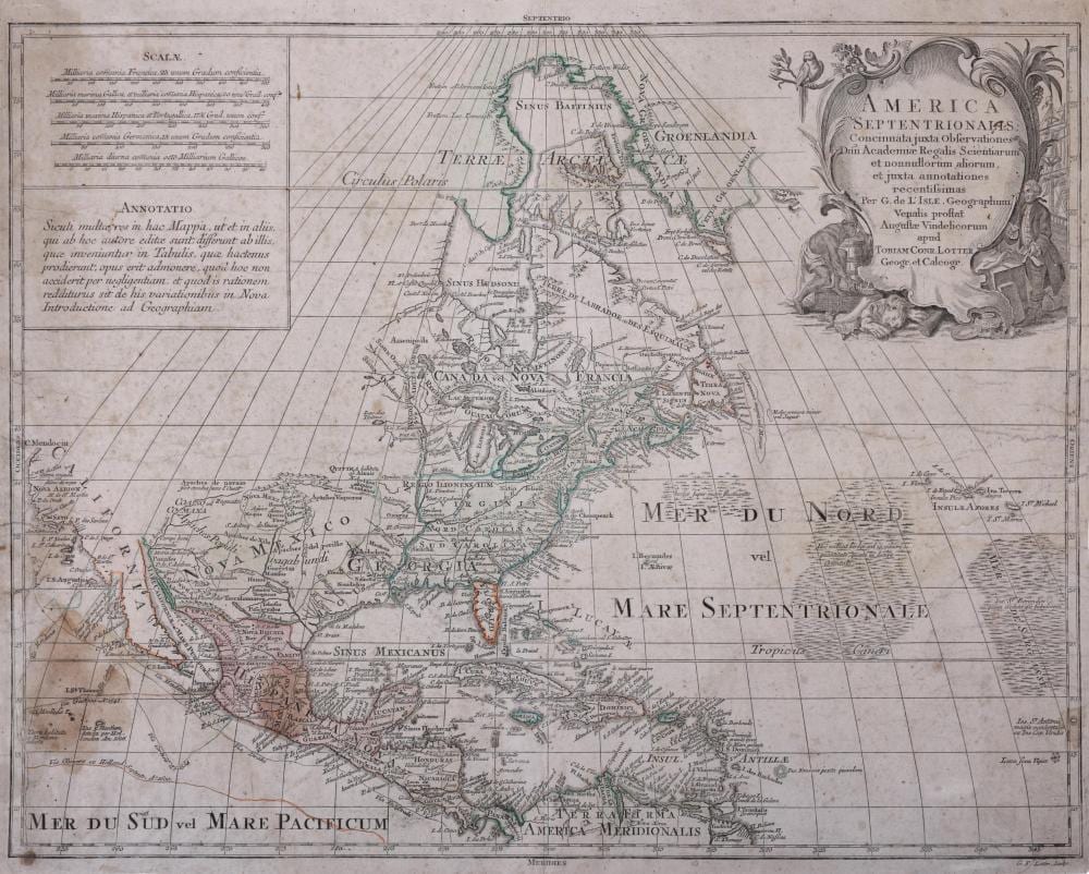 Tobias Conrad Lotter comparable auction result: tobias conrad lotter german 1717 1777 map of america septentrionalis 1760 hand colored engraving sheet 18 3 4 x 23 1 4 in 47 6 x 59 1 cm