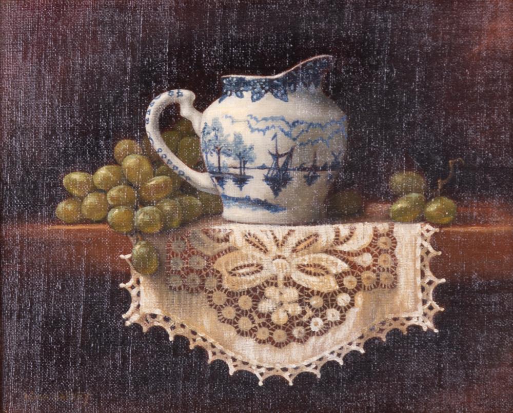Diana Harvey, American 20th Century, Still Life with Delft Pitcher, grapes, and Lace, oil on canvasboard sold by Link Auction Galleries, lot 295 — auction record photograph