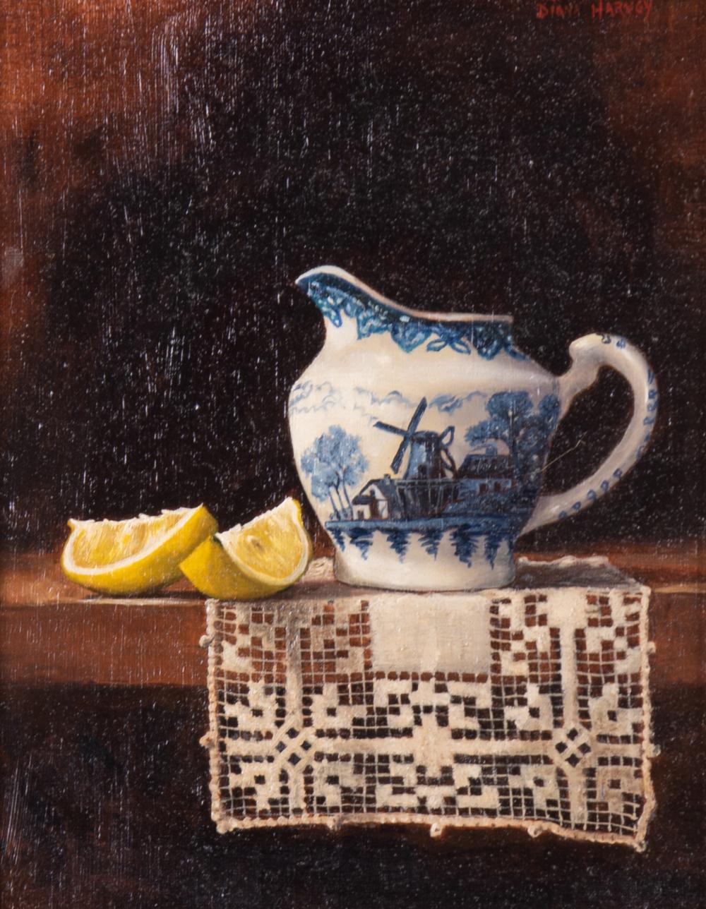 Diana Harvey, American 20th Century, Still Life with Delft Pitcher, Lemons, and Lace, oil on canvasboard sold by Link Auction Galleries, lot 296 — auction record photograph