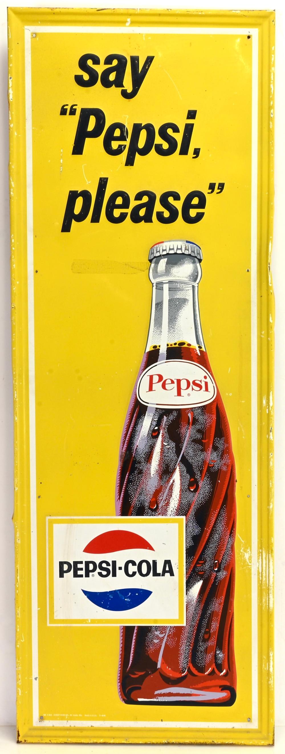 Vintage Pepsi Cola Say Pepsi Please Tin Litho Sign sold by Mebane Antique Auction, lot 253 — auction record photograph