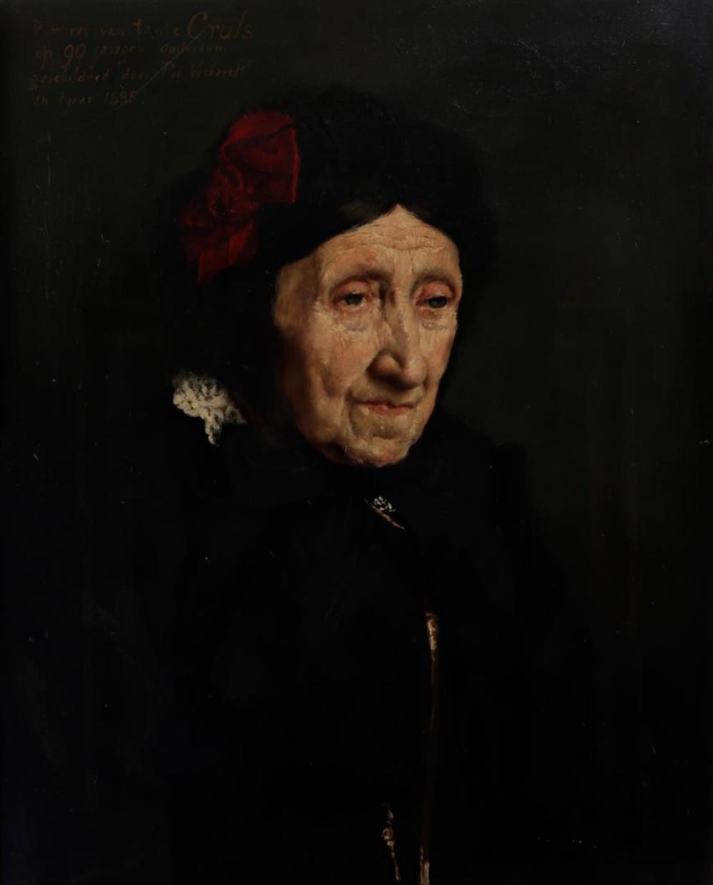 Pieter Verhaert comparable auction result: pieter verhaert 1852 1908 portrait of aunt cruls signed annotated with title and dated 1885 top left oil on canvas 60 x 48 cm