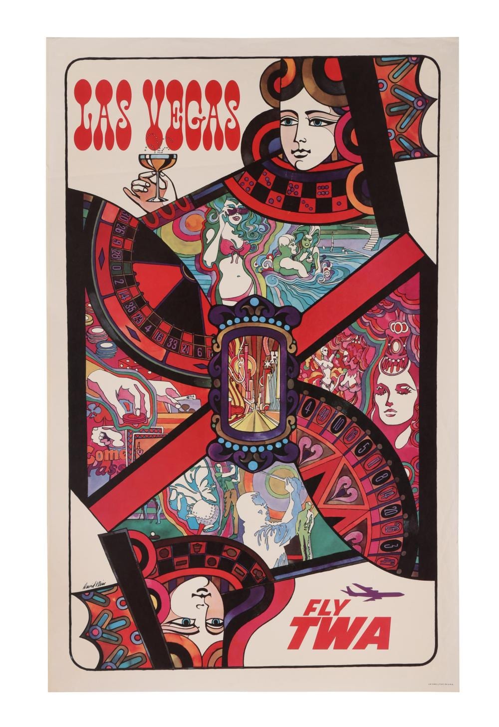 Color travel poster with stylized women, geometric patterns, and a “Fly TWA” logo in the lower right.