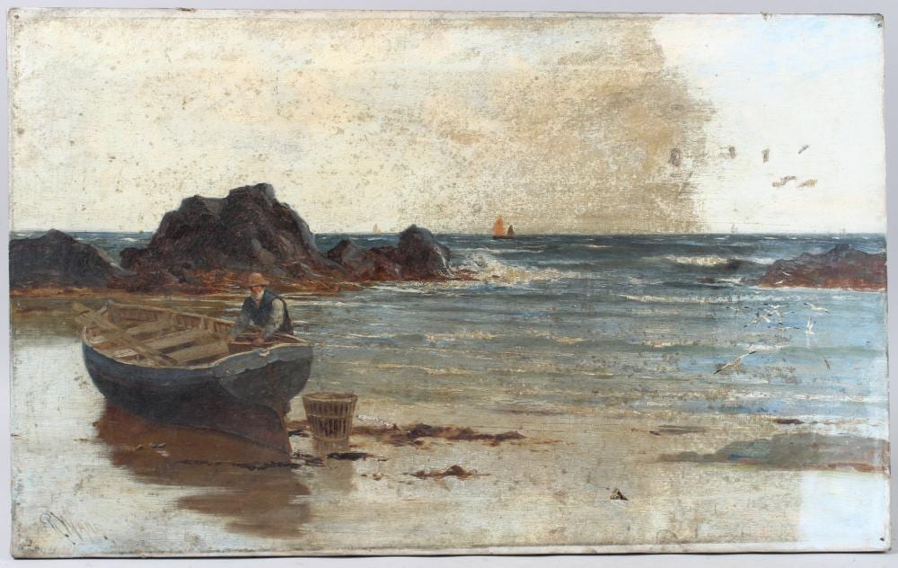 richard wane 1852 1904 seascape with fisherman and boat on the beach oil on canvas unframed signed 4 · John Nicholson's Fine Art Auctioneers & Valuers · 2025-06-17 Richard Wane comparable auction result: richard wane 1852 1904 seascape with fisherman and boat on the beach oil on canvas unframed signed 4