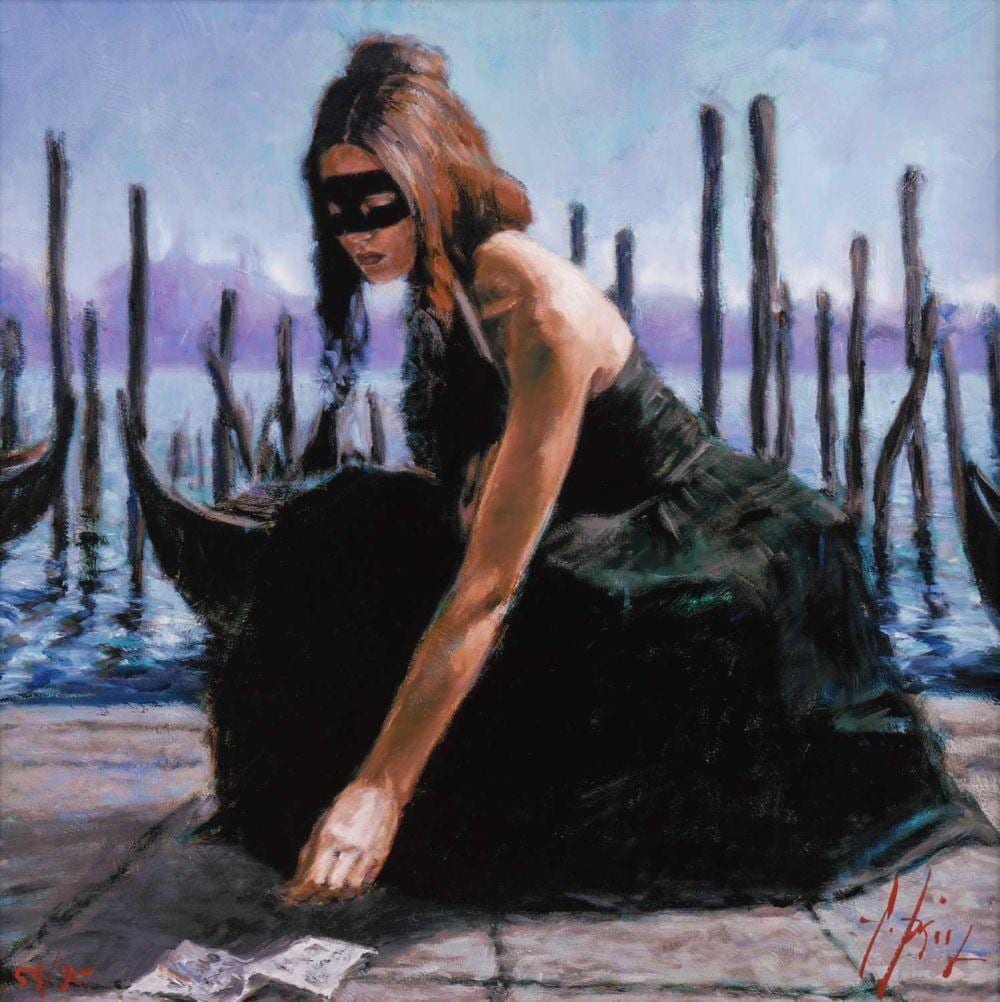 Fabian Perez (Argentinian b.1967) Venice signed and numbered 59/95 hand embellished giclée print on canvas 63.5 x 63.5 cm, framed 85.5 x 85.5 cm This lot is accompanied by a Certificate of Authentication from DeMountfort Fine Art. sold by Dawsons Auctioneers, lot 58 — auction record photograph