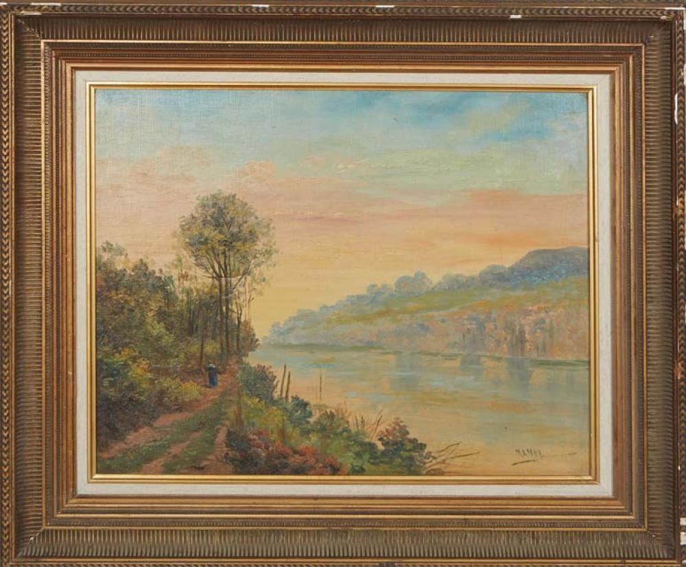 John A. Manol comparable auction result: john adamos manol greek b 1900 landscape view with woman collecting firewood 20th c h 15 1 4 in w 19 1 4 in framed h 22 7 8 in w 27 in