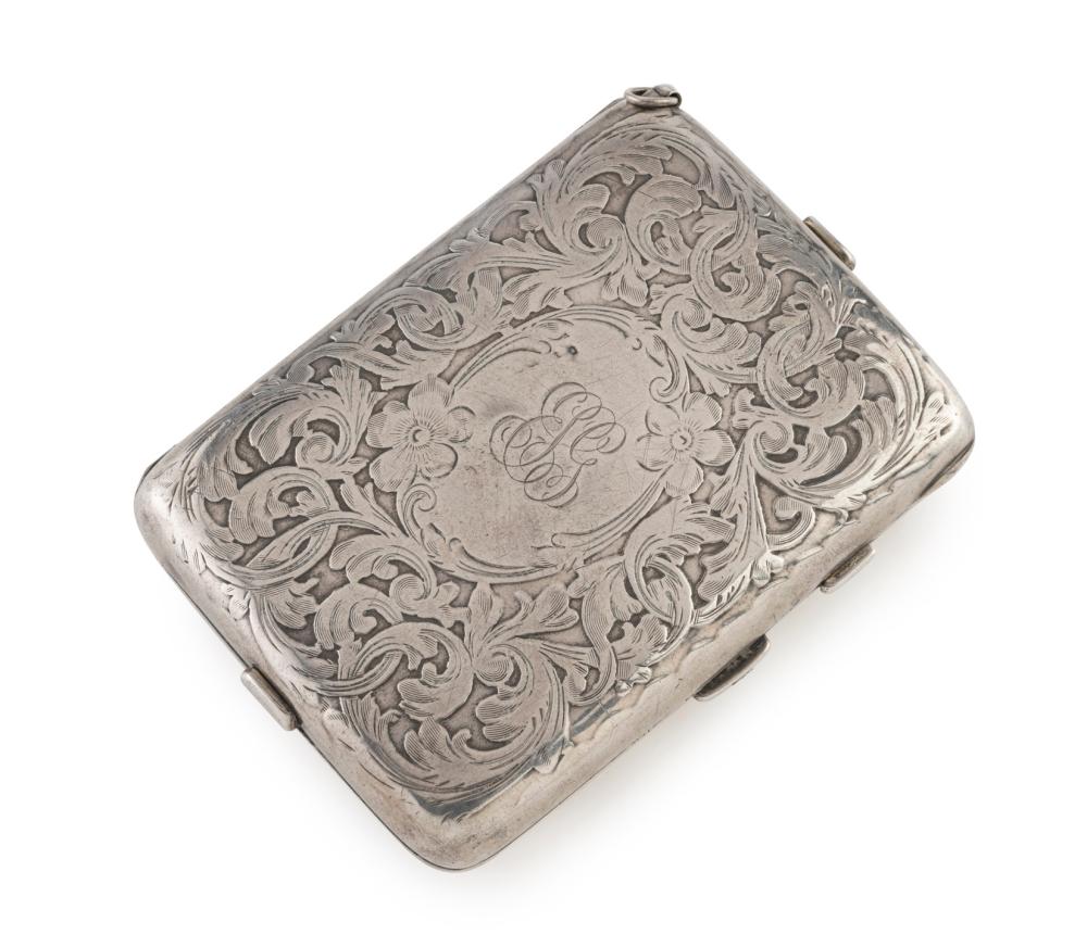 TIFFANY & Co. antique American silver ladies evening purse with fine quality engraved decoration, interior fitted with lift-up compartments, late 19th century, stamped "MADE FOR TIFFANY & CO.", 9cm wide, 150 grams total sold by Leski Auctions Pty Ltd, lot 74 — auction record photograph