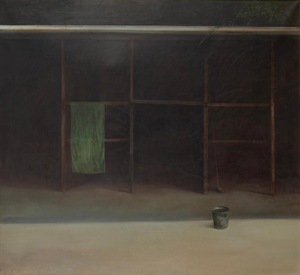 Bryan Westwood comparable auction result: bryan westwood 1930 2000 interior scene with broom and bucket oil on canvas 90 x 99cm 104 x 112cm overall