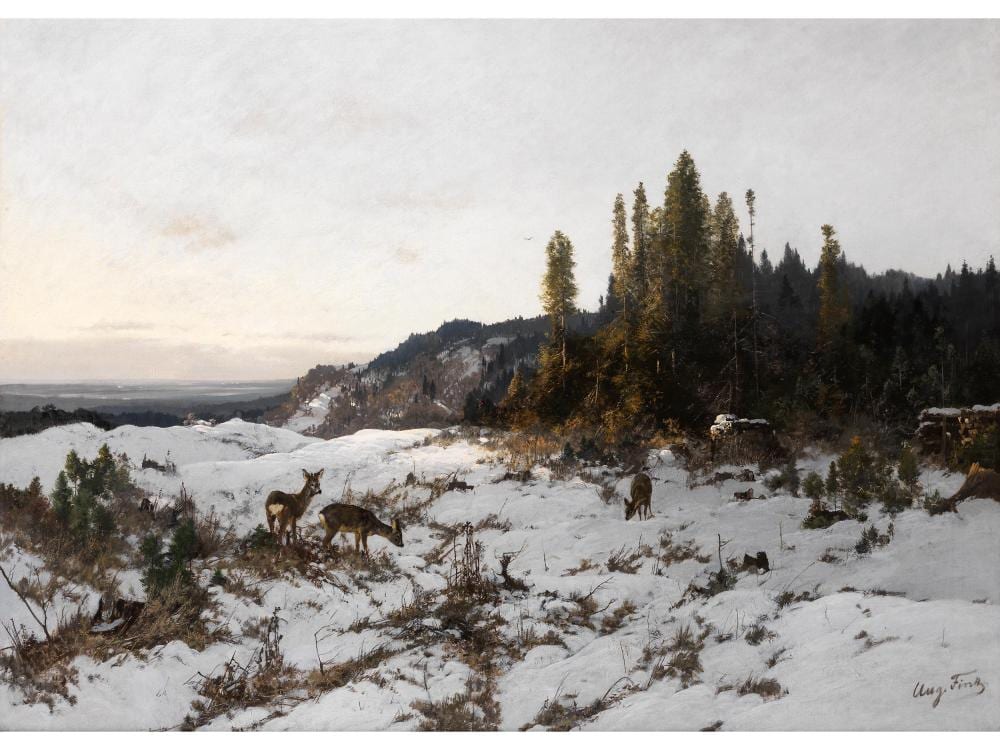 Winter landscape painting with deer in a snowy clearing beneath tall evergreen trees.