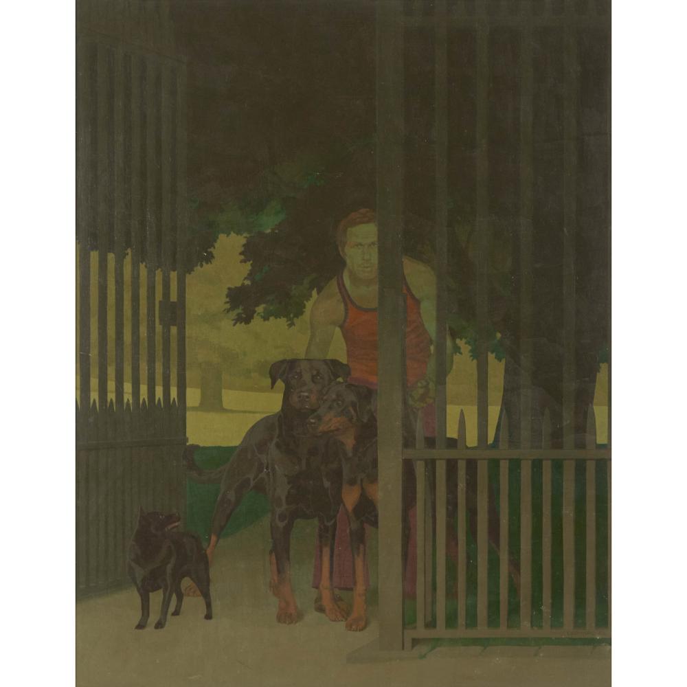 Michael Leonard comparable auction result: michael leonard b 1933 at the gate alan with three dogs 1970