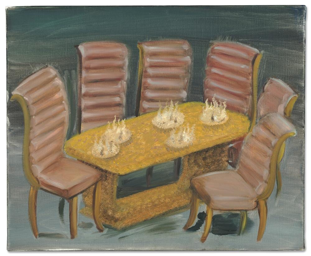 Issy Wood comparable auction result: issy wood b 1993 idea for a dinner oil on canvas14 7 8 x 18 1 8in 37