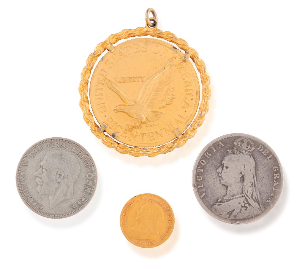 A COLLECTION OF GOLD AND SILVER COINAGE Comprising: A half-Sovereign gold coin, 1898 A 1976 American bicentennial 'Liberty Bell' medallion, gold plated, with rope twist bezel and suspension loop A Victorian silver half-Crown, 1889 (Sterling s sold by Adam's, lot 379 — auction record photograph
