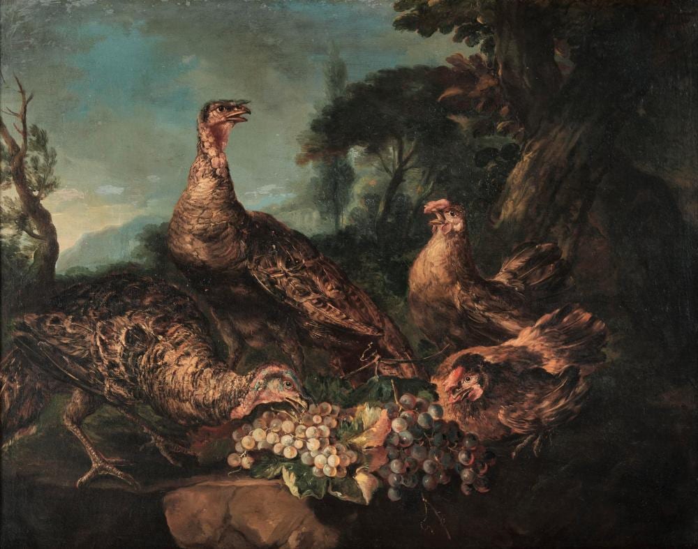 Angelo Maria Crivelli comparable auction result: angelo maria crivelli milano 1730 milano tacchini e galline che mangiano grappoli d uva