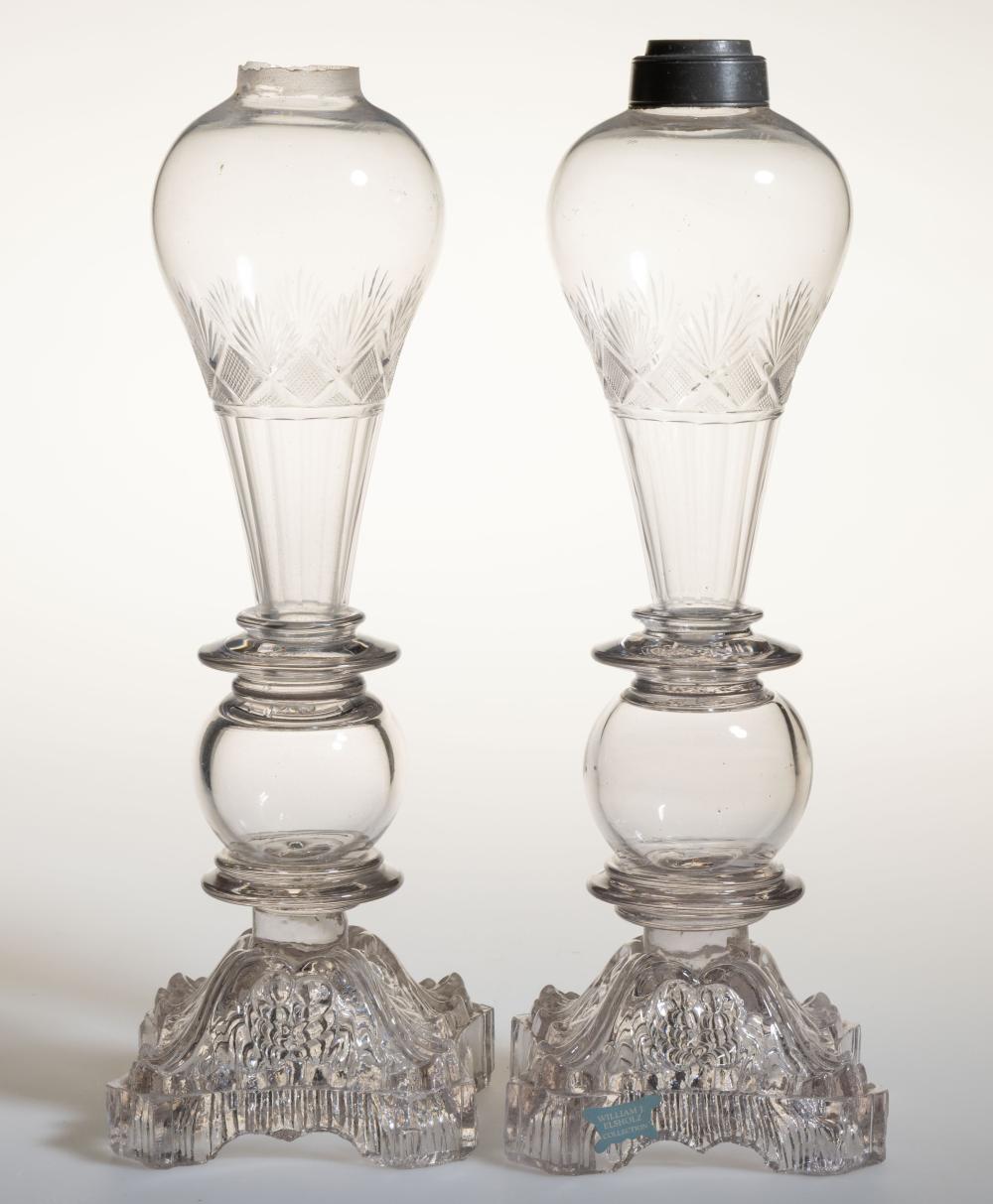 Auction comp thumbnail for FREE-BLOWN, CUT, AND PRESSED GLASS WHALE OIL / FLUID PAIR OF STAND LAMPS (Jeffrey S. Evans & Associates, Lot 296)