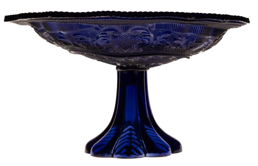 PRESSED LACY PRINCESS FEATHER MEDALLION AND BASKET OF FLOWERS COMPOTE / DISH ON FOOT sold by Jeffrey S. Evans & Associates, lot 333 — auction record photograph