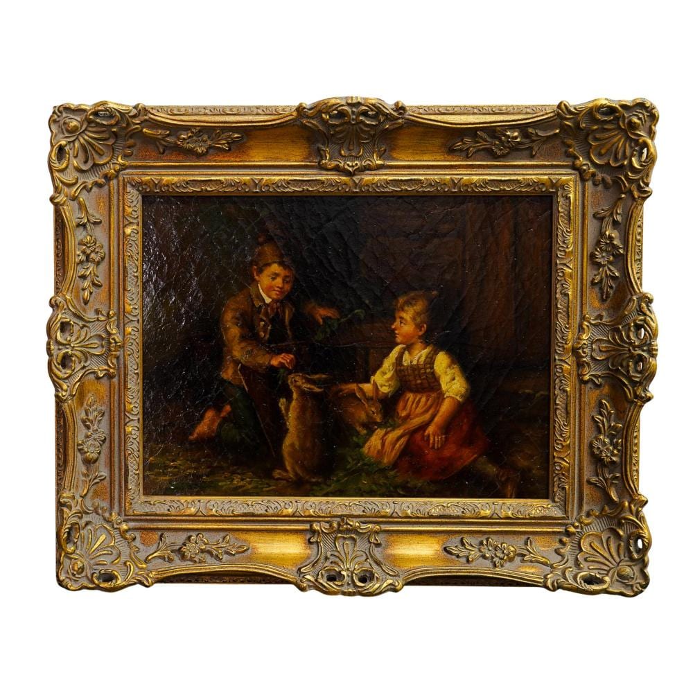 Thomas Webster comparable auction result: style of thomas webster oil on canvas of children with rabbits