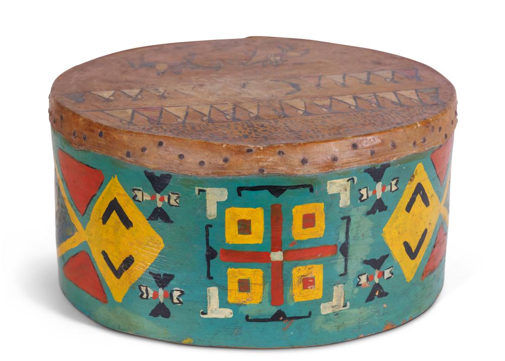 Native American Drum by Tattoo Artist Gus Wagner, Outsider Art (Kansas, ca. 1925) 7 1/2 x 15 in. (19.1 x 38.1 cm.) sold by Bray & Co. Auctions, lot 42 — auction record photograph