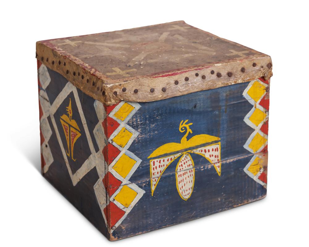 Native American Box Drum by Tattoo Artist Gus Wagner, Outsider Art (Kansas, ca. 1925) 8 1/4 x 9 x 9 1/4 in. (21 x 22.9 x 23.5 cm.) sold by Bray & Co. Auctions, lot 46 — auction record photograph