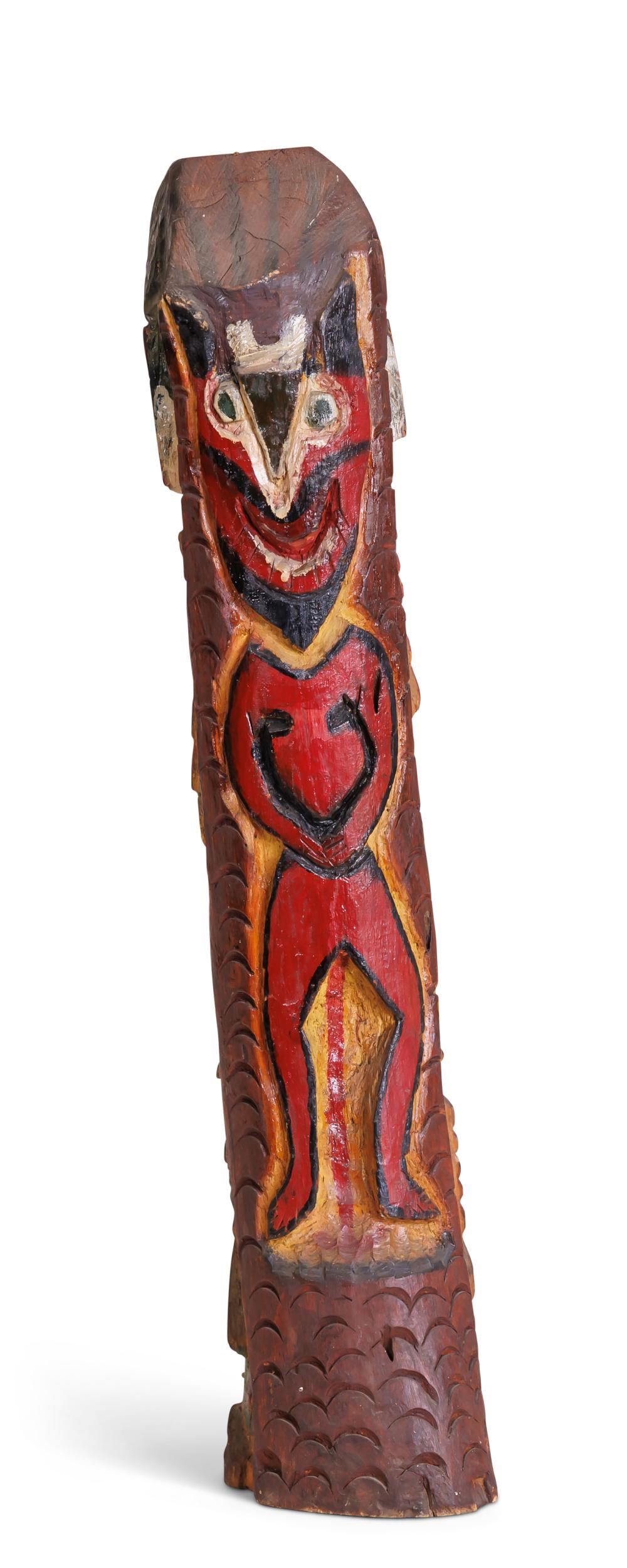 Devil Totem Pole by Tattoo Artist Gus Wagner, Outsider Art (Kansas, ca. 1925) 26 1/4 x 6 1/2 x 5 in. (66.7 x 16.5 x 12.7 cm.) sold by Bray & Co. Auctions, lot 49 — auction record photograph