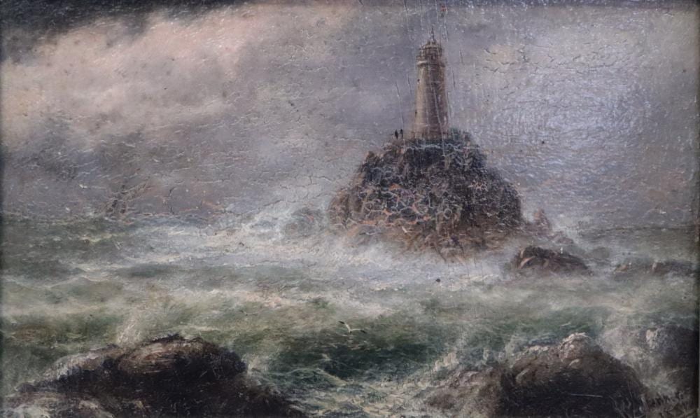 isaac walter jenner 1881 oil on canvas mounted to board lighthouse scene signed and dated lower right w jenner 1881 approx 22cm by 13cm note old repairs · Albion Antique Auction Centre · 2025-07-03 Walter Jenner comparable auction result: isaac walter jenner 1881 oil on canvas mounted to board lighthouse scene signed and dated lower right w jenner 1881 approx 22cm by 13cm note old repairs