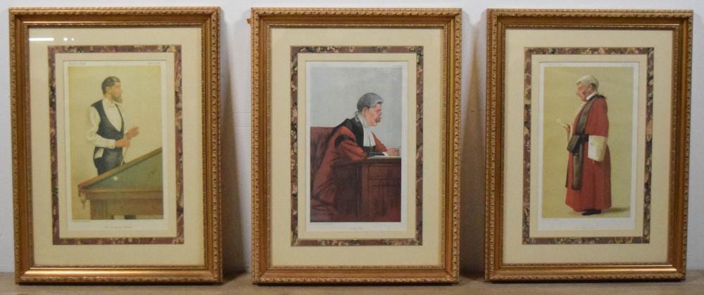 Three framed vintage spy-themed prints showing robed figures and a man speaking at a desk in separate scenes.