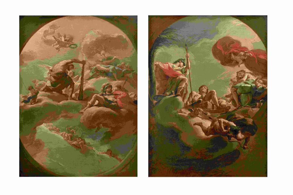 Ubaldo Gandolfi comparable auction result: ubaldo gandolfi san matteo della decima 1728 1781 ravenna hercules at the crossroads between virtue and vice and the apotheosis of hercules within painted ovals 2