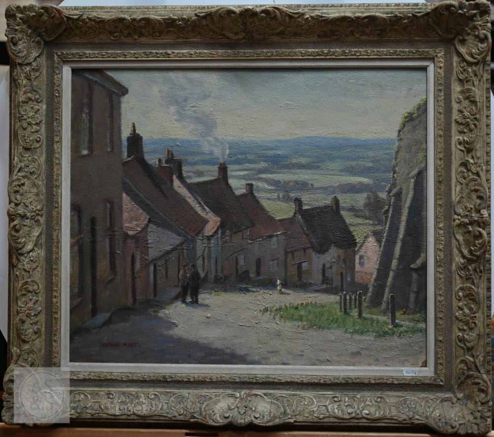 Leslie Kent comparable auction result: leslie kent 1890 1980 gold hill shaftesbury oil on board signed lower left 49 x 59 cm 70