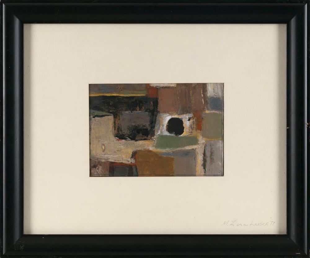 M. Zena Lesser comparable auction result: m zena lesser massachusetts 1926 2022 abstract oil on paper 7 x 10 sight framed 19 x 23