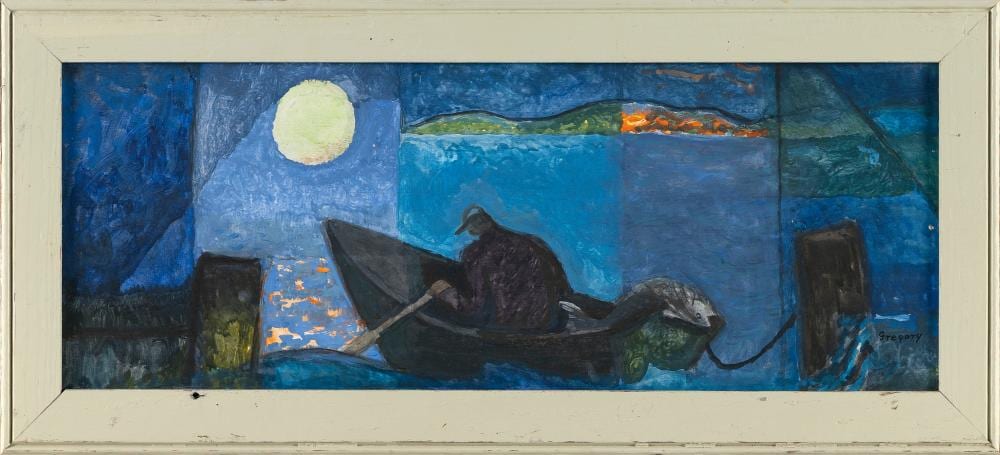Dorothy Lake Gregory comparable auction result: dorothy lake gregory massachusetts 1893 1970 ross in boat oil on board 7 25 x 19 5 framed 10 x 22
