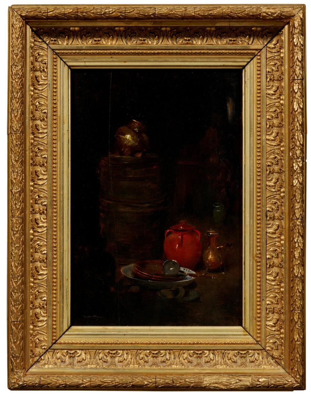 Louis Mettling comparable auction result: louis mettling 1847 1904 a still life of various vessels in a darkened interior oil on oak panel 35 x 23cm