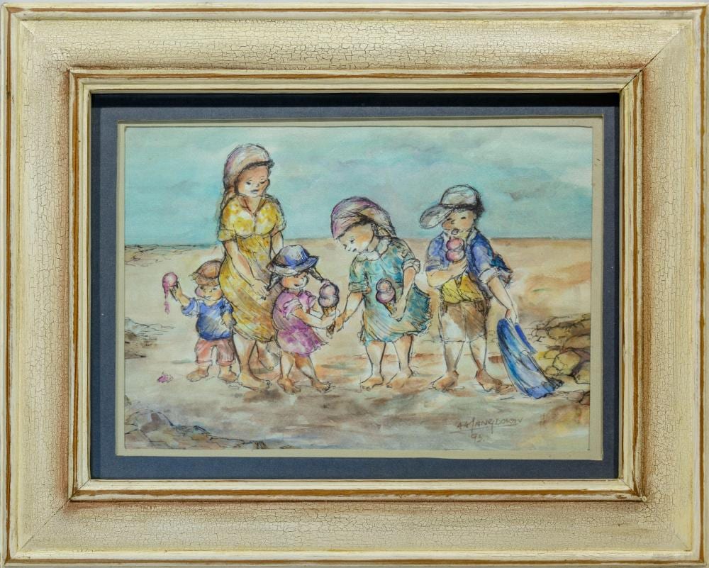 Amos Langdown comparable auction result: amos langdown sa 1930 2006 mixed media ice creams at the beach signed dated 93 titled verso 23 x 33