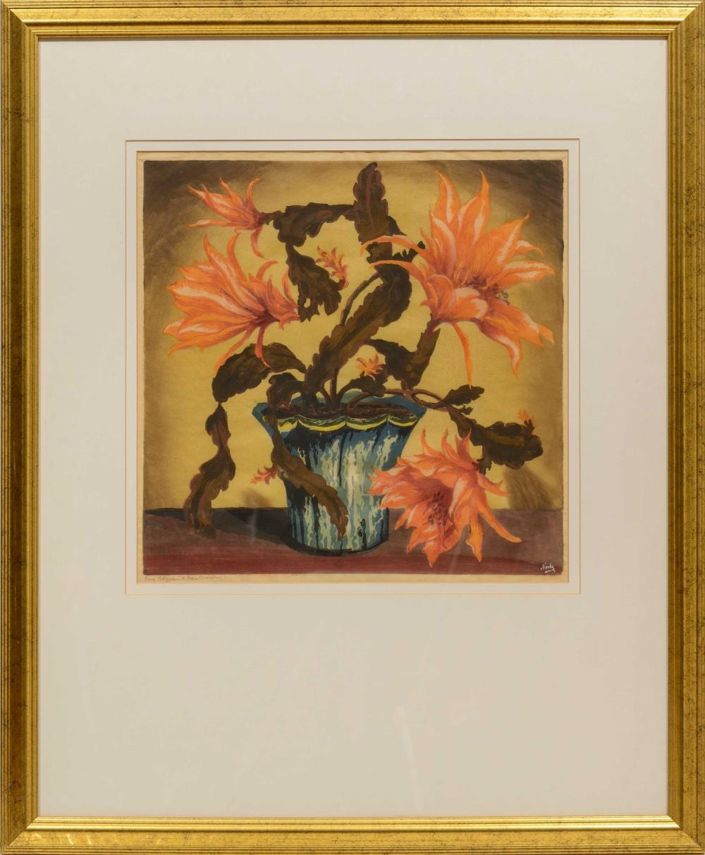 Hugo Noske comparable auction result: hugo noske austrian 1886 1960 coloured woodcut still life with orange epiphyllums signed in the plate inscribed orig holzschnitt handdruck in pencil 38 x 38