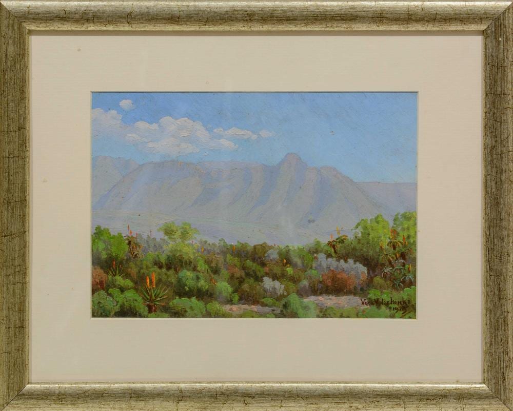 vera volschenk sa 1899 1987 oil mountain landscape with aloes signed dated 1929 17 x 24 · 5th Avenue Auctioneers · 2025-06-29 Vera Volschenk comparable auction result: vera volschenk sa 1899 1987 oil mountain landscape with aloes signed dated 1929 17 x 24