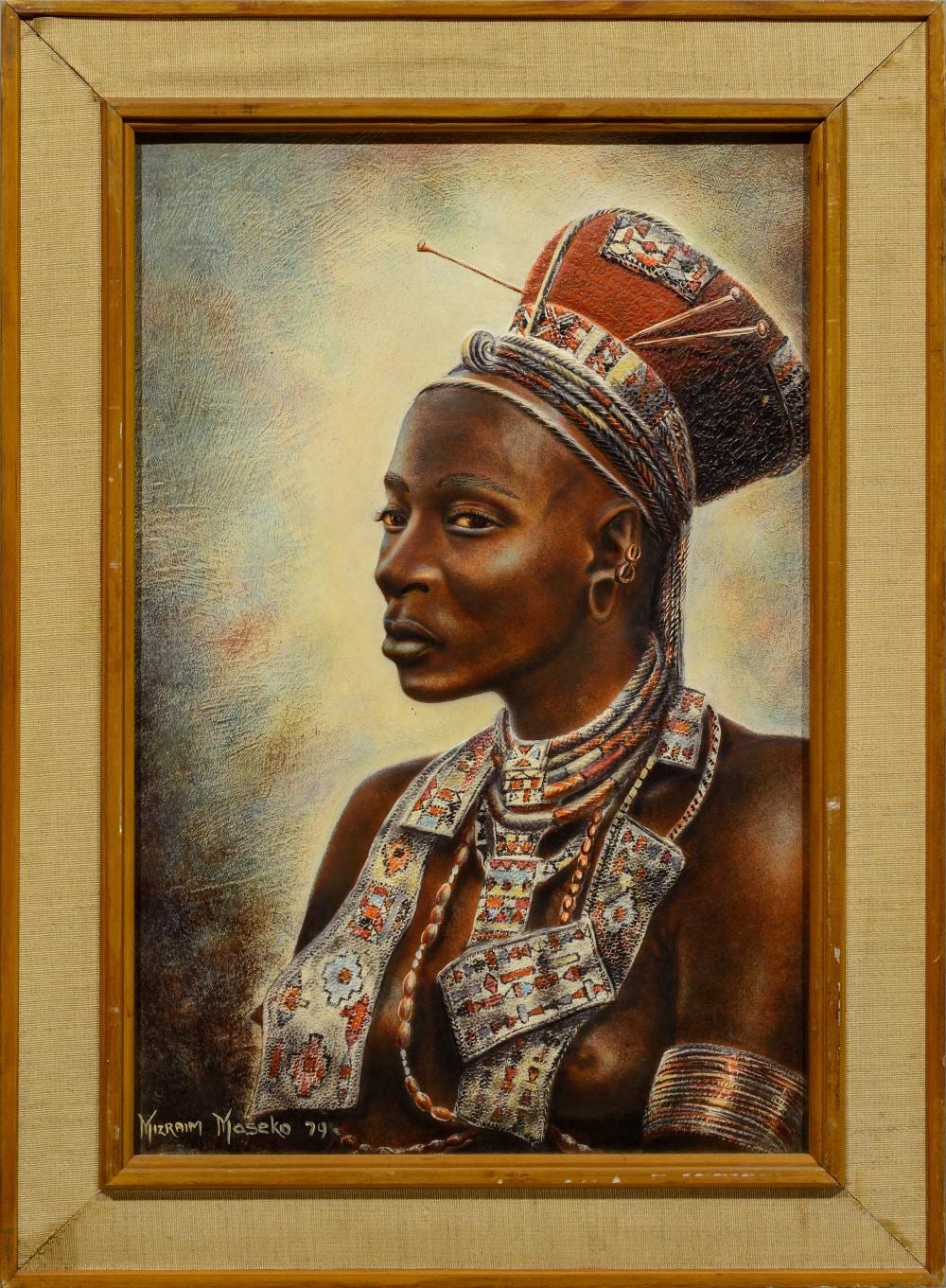 Mizraim Maseko comparable auction result: mizraim maseko sa born 1927 oil on hide zulu maiden signed dated 79 45 x 30