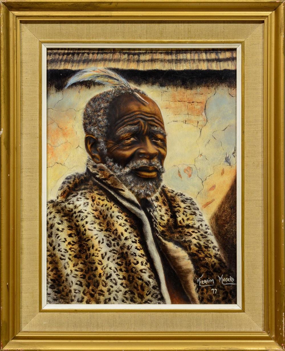 Mizraim Maseko comparable auction result: mizraim maseko sa born 1927 oil on hide shangaan chief signed dated 77 titled verso 40 x 30