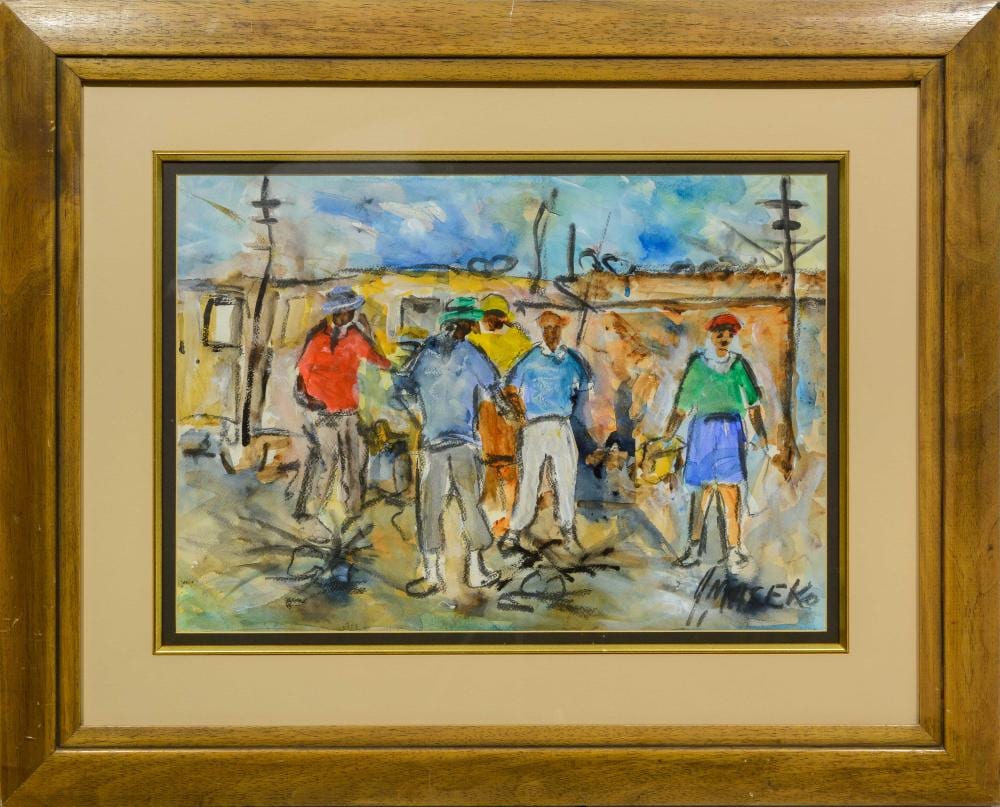 Joe Maseko comparable auction result: joe maseko sa 1940 2008 mixed media township scene with figures signed 40 x 57