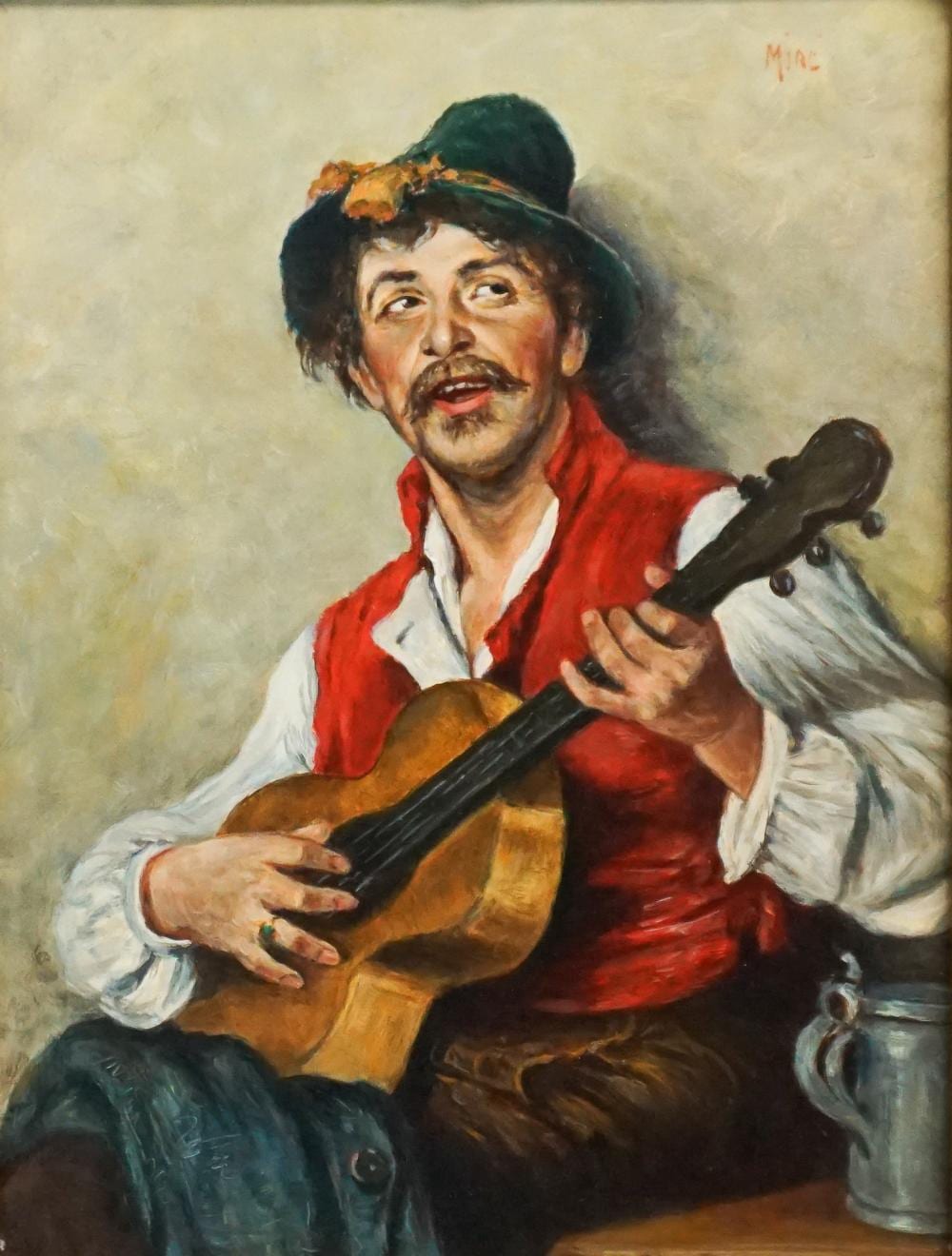 casper mine french b 1905 man playing a guitar oil on panel frame 17 1 4 x 14 1 4 in 43 8 x 36 2 cm · Weschler's · 2025-06-24 Casper Mine comparable auction result: casper mine french b 1905 man playing a guitar oil on panel frame 17 1 4 x 14 1 4 in 43 8 x 36 2 cm