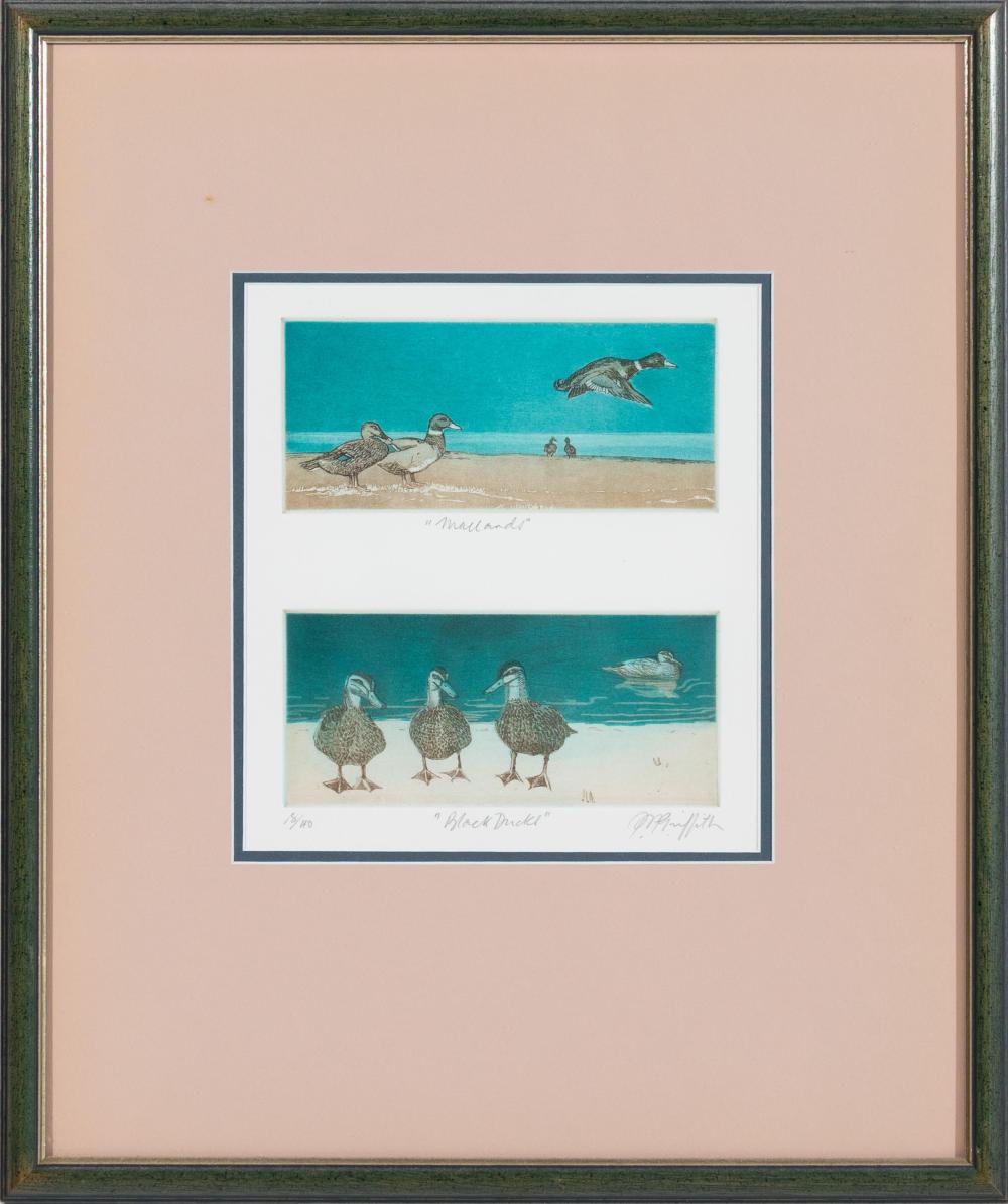 Pamela Griffith comparable auction result: pamela griffith australian 1943 mallards and black ducks aquatint dyptich frame size 49 x 41cm