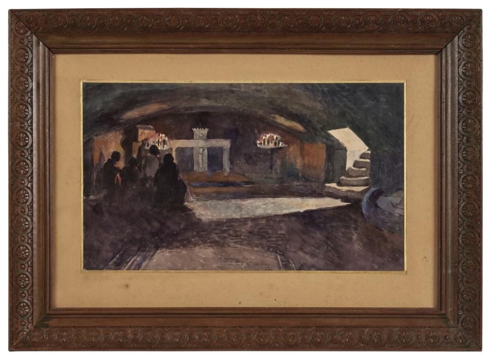 Léo Lelée comparable auction result: l o lel e 1872 1947 pri re dans une chapelle souterraine aquarelle