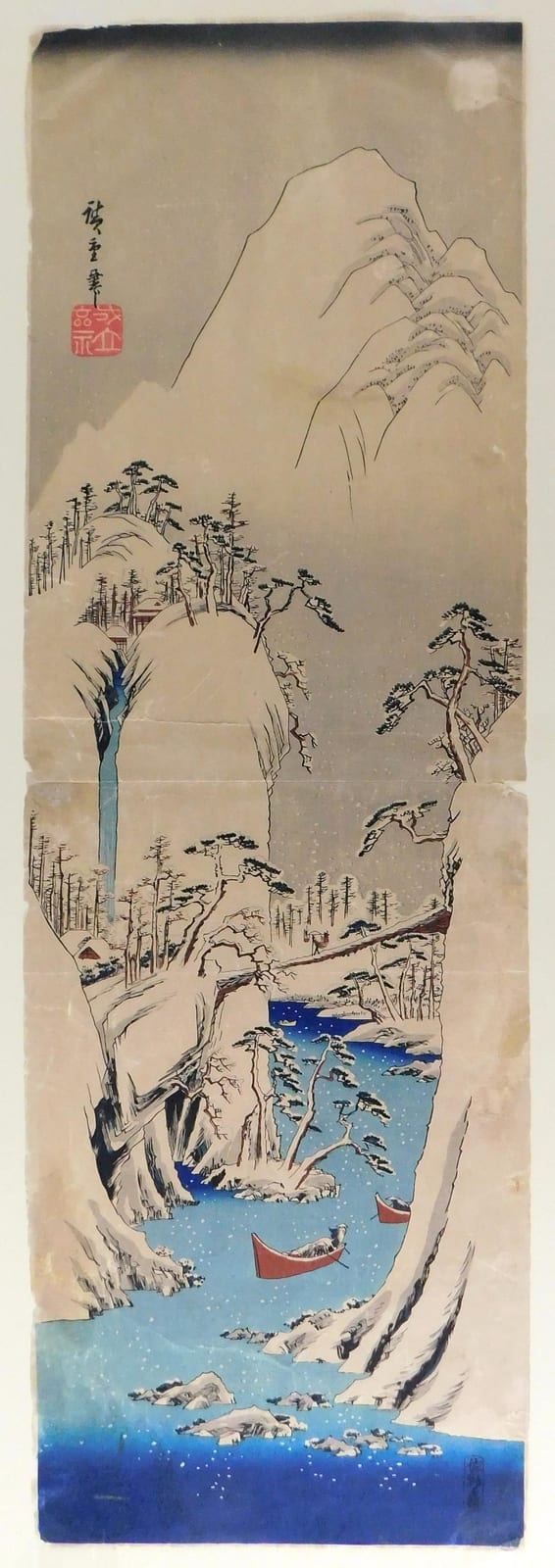 ASIAN: Ando (Utagawa) Hiroshige (1797-1858), "Fuji River in Snow", vertical diptych, publisher stamp for Sanoya Kihei at bottom right hand corner, depicts Fuji River flowing between steep snowy cliffs, row boats trave... sold by Winter Associates, Inc., lot 340 — auction record photograph