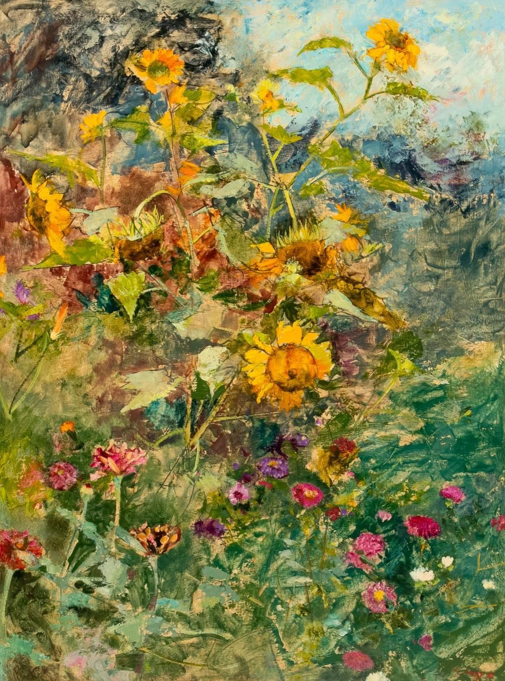 Richard Jerzy comparable auction result: richard jerzy american 1943 2001 acrylic and oil on masonite 1990 wild sunflowers and roses h 32 w 24 frame size h 36 w 28