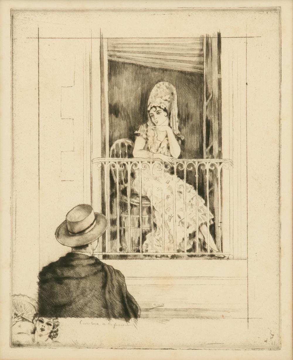 Edouard Chimot comparable auction result: edouard chimot french b 1880 1959 etching on paper carolina a la fenetre h 10 75 w 8 5 frame size h 22 w 19 25