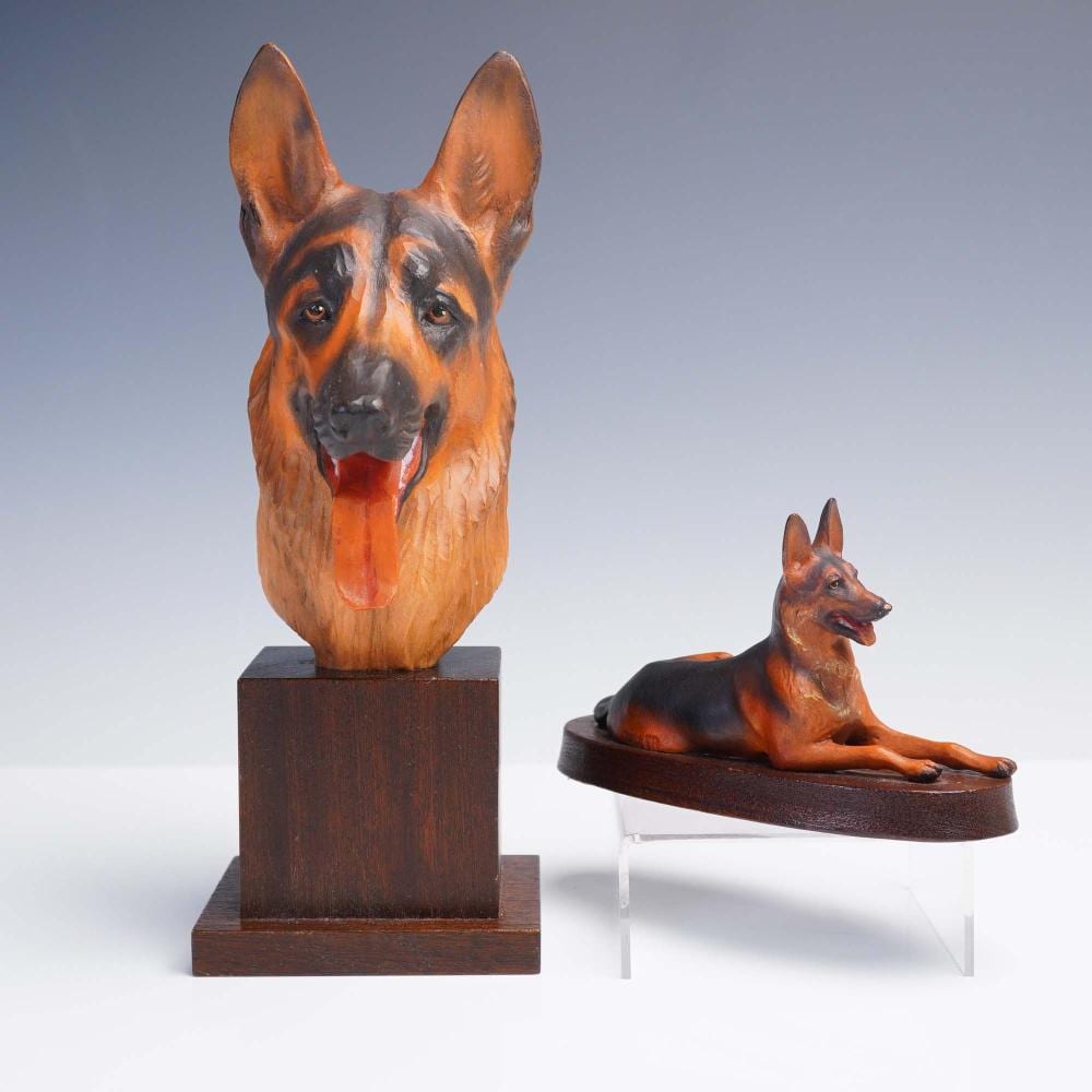Helmut Diller comparable auction result: 2pc anri wood dog sculptures german shepherd by helmut diller