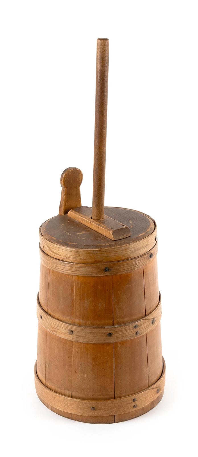 Mini wooden churn with vertical dasher and plunger handle on top, shown against a white background.